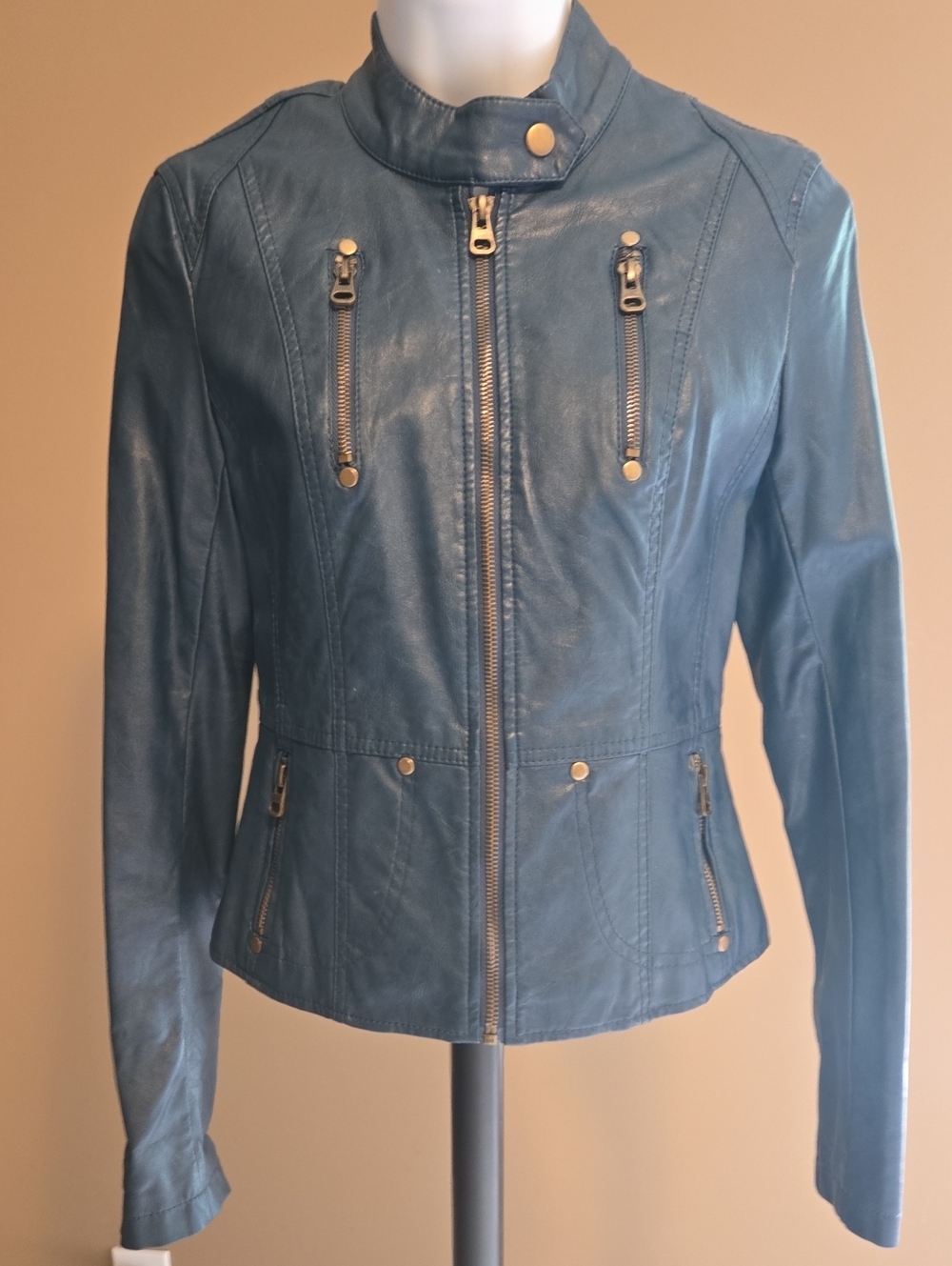 TCEC Teal Leather-inspired Moto Jacket with Gold Hardware, Fully Lined NWT Small